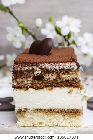 Tiramisu cake on white plate. Blossom apple branch in the background. Wooden background, selective focus.