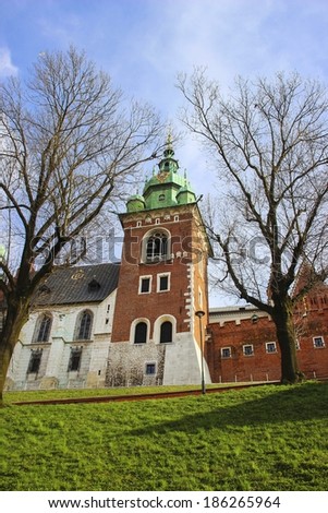 KRAKOW, POLAND - APRIL 08,2014: The Wawel Caste - a fortified architectural complex erected over many centuries atop a limestone outcrop on the bank of the Vistula river.