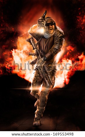 Soldier with two gun and rifle running from fire