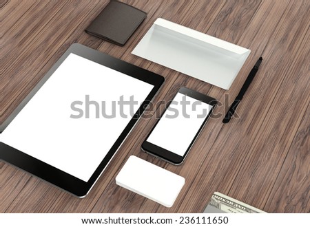 Objects of explorer on wood background. Mockup business template. High resolution.