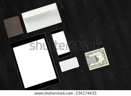 Objects on a wooden background. Mockup business template. High resolution 3d render