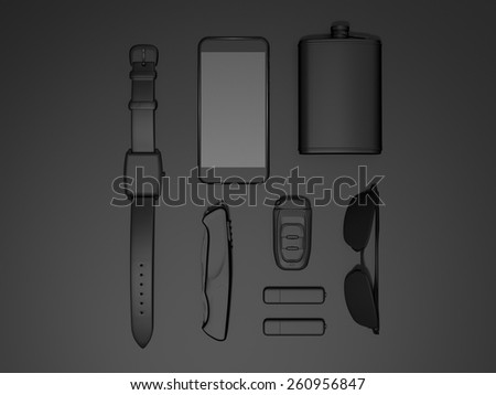 Every day carry man items collection: glasses, usb, keys, watches,flask. High resolution