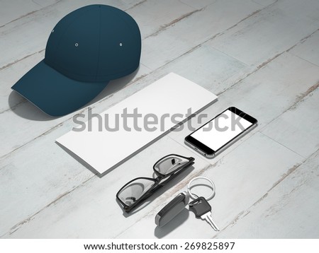 Every day carry man items collection: glasses, cap, key. High resolution.