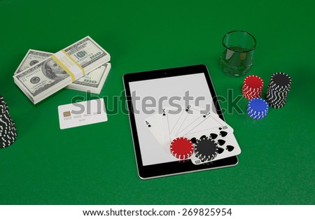 Cards and chips for poker on tablet.  High resolution.