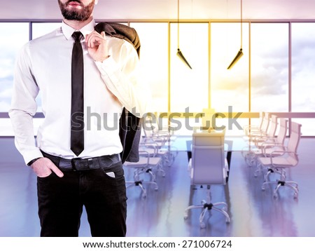 Hipster business man  on blurred background office. High resolution.