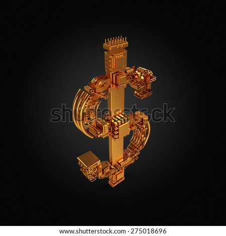 Business concept. Dollar currency symbol of microchips  on black  background.  High resolution. 3D