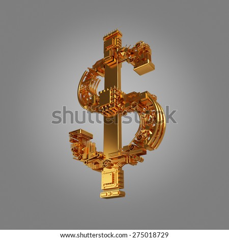 Business concept. Dollar currency symbol of microchips  on grey  background.  High resolution. 3D