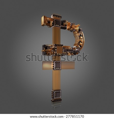 Business concept. Ruble currency symbol of microchips on grey background.  High resolution.