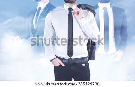 Double exposure of three businessmen