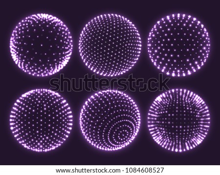 Geometry grid 3d sphere with light dots, atom orb, science chart of particles or virtual reality ball icon. Abstract spheres vector set