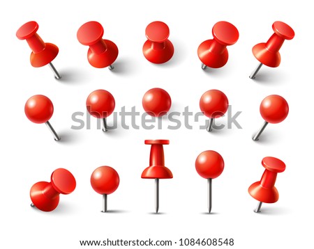 Red pushpin top view. Thumbtack for note attach collection. Realistic 3d push pins pinned in different angles isolated on white. Vector set
