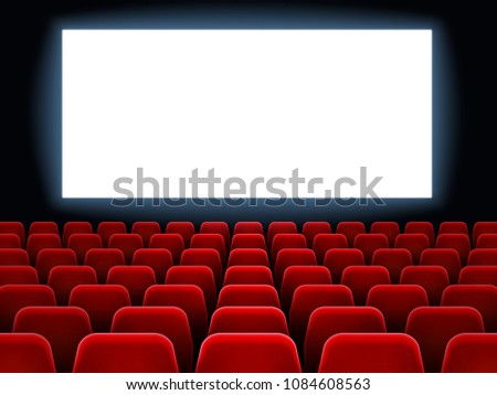 Movie premiere event at cine theatre. Cinema white blank screen at dark movie hall interior with empty red seats vector background