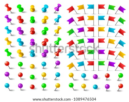 Colors pushpin, navigation pinned flag, and distance thumbtack. Push pins for pushing on map board isolated on white background vector set