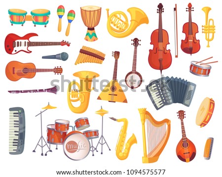 Cartoon classical jazz musical electric acoustic instruments, guitars, bongo drums, cello, saxophone, microphone, drum kit isolated. Music group equipment instrument vector set collection