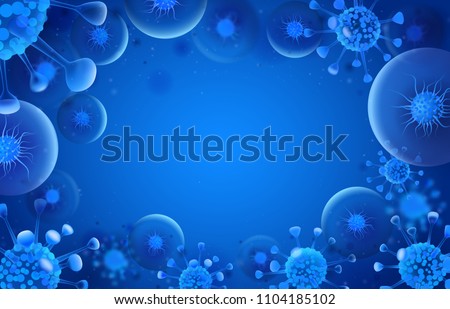 Bacteria blue background. Virus microorganisms silhouette. Medicine safety preventative doctor bacterium, spores flu and allergy viruses vector backdrop macro realism illustration