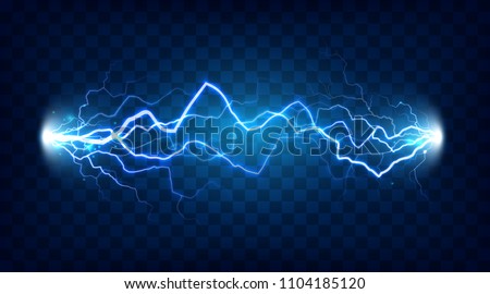 Electric discharge shocked effect for design. Power electrical energy lightning spark or electricity effects realistic isolated blitz vector illustration on checkered background