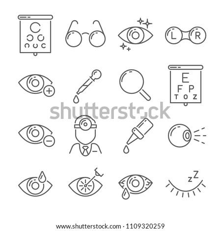 Optometry eyes health and oculist tools. Medical laser eye surgery, eyedropper, eyeball, eyesight ophthalmic lenses or glasses isolated simple black line icons set vector illustration