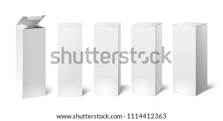 High white cardboard box mockup. Set of realistic vertical tall cardboard rectangular cosmetic or medical packaging, paper boxes. Vector 3D illustration isolated collection