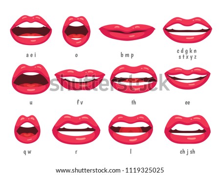 Mouth animation. Lip sync animated phonemes for cartoon talking woman character sign. Mouths with red lips speaking animations in english language text for education shape isolated symbol vector set