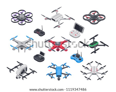 Unmanned aircraft, delivery drone with propellers, camera and computer controller. Gray red blue green military electronics drones and vehicle controllers 3d realistic isolated vector isometric set