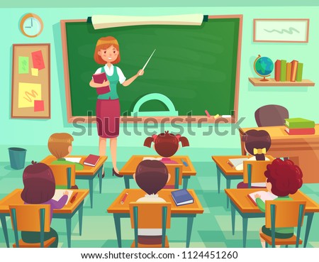 Classroom with kids. Teacher or professor teaches students in first grade elementary school class or little children preschool studying. Student learn on lessons indoor cartoon vector illustration