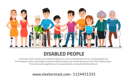 Help disabled person. Happy disability people helping young student in wheelchair, friendly handicapped boy with group of friends diverse adults medical colorful cartoon vector illustration collection