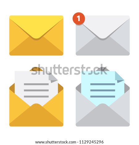 Letter in mail envelope. Mailbox notification or email message icons receiving mms closed post letter correspondence paper delivery. Open or closed letters postal envelopes vector isolated symbol set