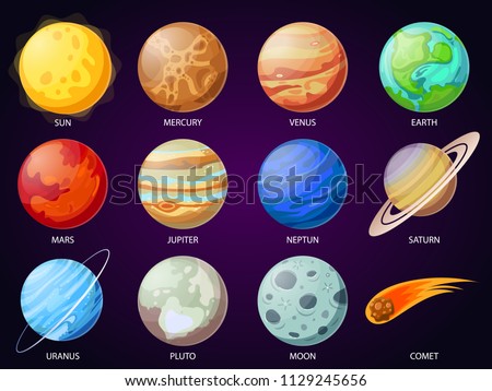 Cartoon solar system planets. Astronomical observatory small planet pluto, venus mercury neptune uranus meteor crater and star universe astronaut sign. Astronomy galaxy space vector isolated icons set Imagine de stoc © 