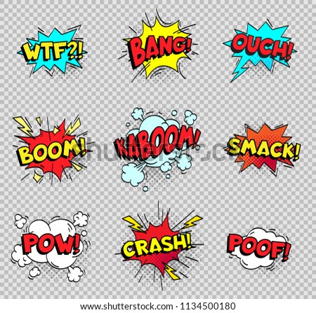 Comic speech bubbles. Cartoon explosions text balloons. Wtf bang ouch boom smack pow crash poof popping color burst comics expression retro vector shapes isolated sign collection
