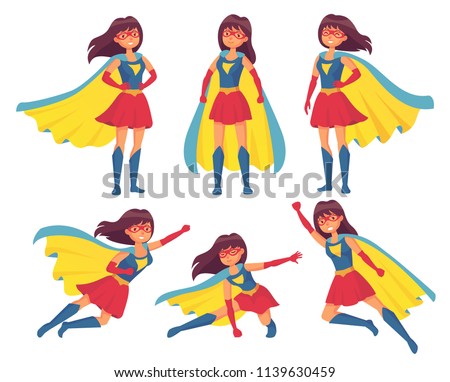 Woman superhero character. Wonder girl in superwoman costume with cloak female leadership pose. Superheroes flying hair super action hero posing character mantle vector isolated icon illustration set