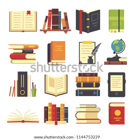 Flat books icons. Magazines with bookmark, history and open or closed textbook science pile of old book stack with globe. Encyclopedia on library shelves vector isolated illustration symbol set