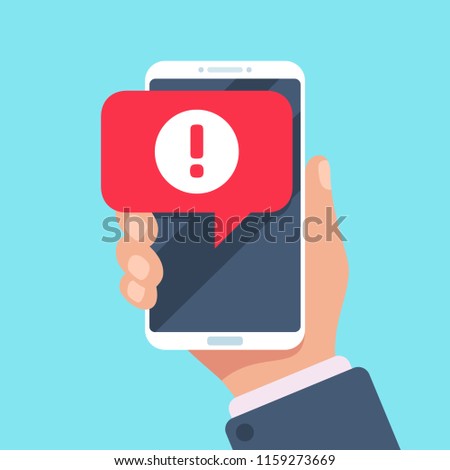 Alert message mobile notification. Danger error alerts, smartphone virus problem or insecure messaging spam problems notifications on phone screen, spammer alertness flat vector illustration