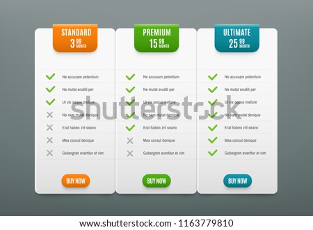 Price plans. Comparison infographic tab with 3 columns. Web table pricing plan with product prices chart tabs column checklist business website vector infographics template