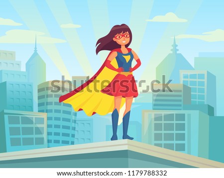 Super woman watching city. Wonder hero girl in suit with cloak cape at town roof. Comic justice book female superhero fitness strength brave silhouette on cityscape cartoon poster vector illustration