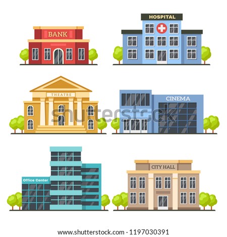 Flat city buildings. Contemporary office center, hospital facade and city hall building. Modern theater, office center and cinema construction exterior vector isolated illustration icons set