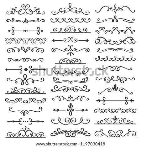 Decorative swirls dividers. Old text delimiter, calligraphic swirl border ornaments and vintage divider. Ornament swirls calligraphy victorian flourishes lines vector isolated icons set