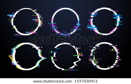 Glitch circle frame. Tv distorted signal chaos, glitched ring light effect distortion frames and flaw glitches bug circles, vhs white noise destroyed logo vector isolated icons set