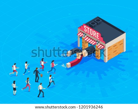 Store attraction customers. Market magnet attracted loyal customer. Inbound marketing attract clients shopping . Buying shop business attractive shoppers business vector isometric concept