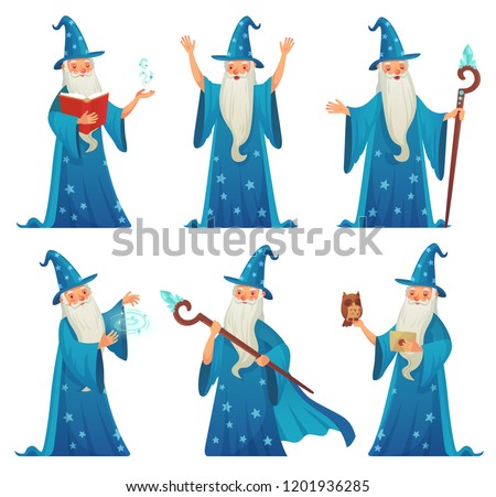 Cartoon wizard character. Old witch man in wizards robe, magician warlock and magic medieval spelling sorcerer merlin, male witchcraft in hat and mantle Mystery isolated vector icons set Сток-фото © 