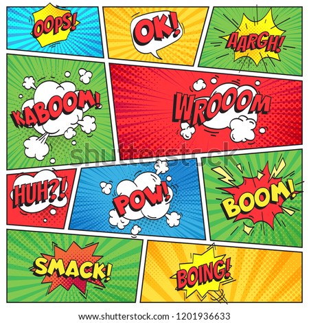 Comics page. Comic book grid frame, funny oops bam smack text burst speech bubbles, bubble pack explosion on color stripes cover retro background colorful vector layout template