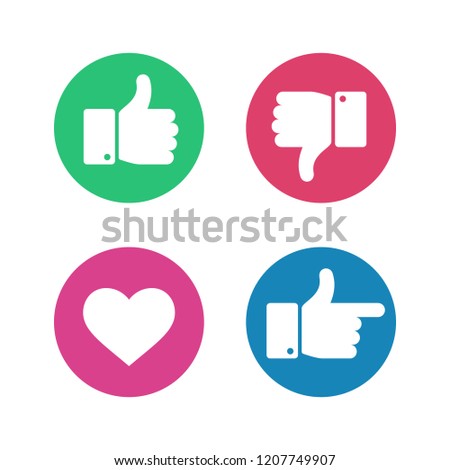 Thumbs up down sign. Point finger and heart icons in red and green circle. Social media love user reaction vector isolated buttons. Like and dislike gesture internet symbols
