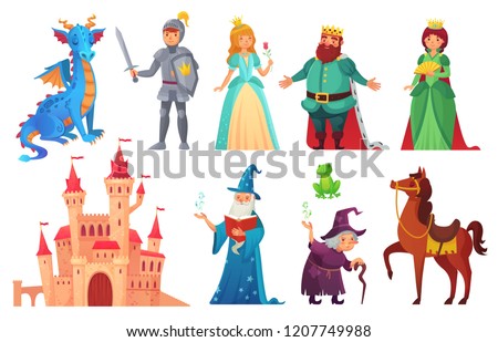 Fairy tales characters. Fantasy knight and dragon, prince and princess, magic world queen and king with castle tale magic. Fairytale isolated cartoon vector icons set