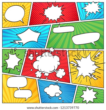 Comic page layout. Funny comics striped scrapbook page with smoke clouds and speech bubbles or explosion empty comic superhero bubble dialog scene retro cartoon background vector layout template Foto d'archivio © 