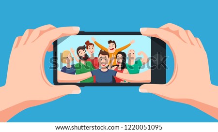 Group selfie on smartphone. Photo portrait of friendly youth team, friends make photos on phone camera or teenage character taking friendship selfies on telephone. Cartoon vector illustration