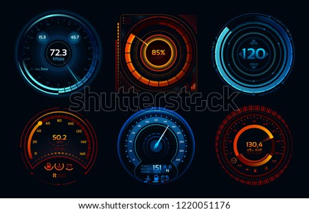 Speedometer indicators. Power meters, fast or slow internet connection speed meter stages. Automobile digital odometer indicator display technology for racing game vector isolated icons concept set