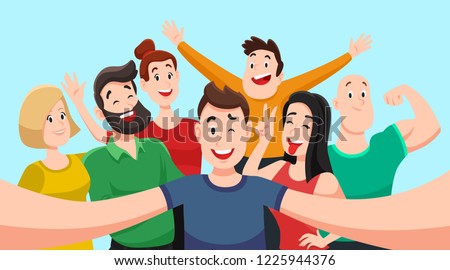 People group selfie. Friendly guy makes group photo with smiling friends on smartphone camera in hands, taking self portrait photos. Telephone photography vector cartoon illustration
