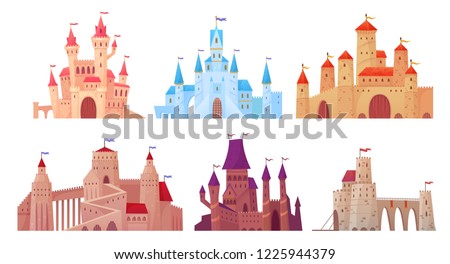 Medieval castle towers. Fairytail mansion exterior, king fortress castles and fortified palace with gate. Old ancient gothic tower fortress or fairy citadel cartoon vector isolated icons set