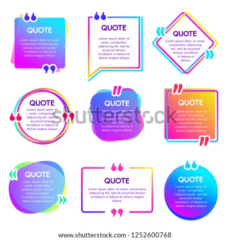 Quote info box. Text remark frame, quotes reference label and texting dialogue words excerpt frames boxes or mention balloon. Citation quotation creative bubble vector isolated icons set