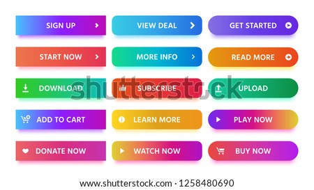 Material design button. Modern colorful gradients, vivid color buttons with icons. Actions gradient navigation interface button add to cart, upload and play now isolated vector symbols set