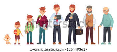 Male different age. Newborn baby, teenage boy and student ages, adult man and old senior. People generations or male aging process. Kid, student and adult man, life cycle isolated vector illustration